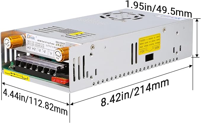 DROK 48V Power Supply, AC 110V/220V to DC 0-48V 0-10A 480W Buck Converter, Volt Amp Adjustable Adapter Regulated 5V 12V 24V 30V 36V 48V Volt Switching Voltage LED Transformer Charger for Computer