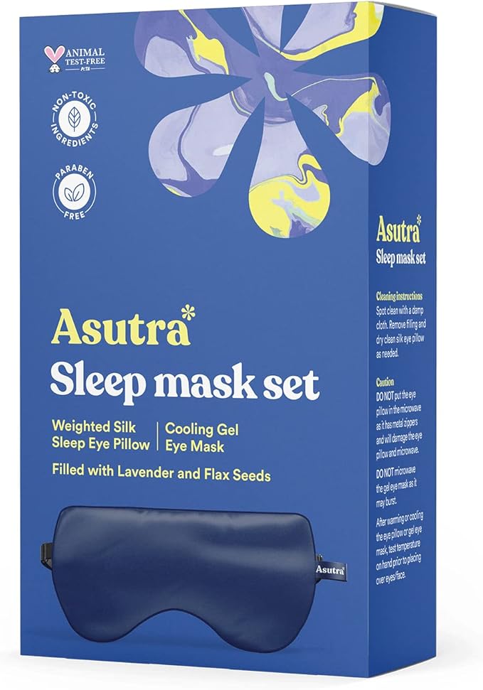 ASUTRA Silk Eye Pillow for Sleep, Navy - Filled w/Lavender Buds & Flax Seeds, Weighted Eye Mask, Meditation & Light Blocking Blindfold, Cooling Gel Mask Included