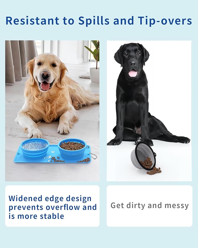 Collapsible Portable 2-in-1 Dog Bowl, Integrated Travel Dog/Cat Food Water Bowl, Silicone Foldable Expandable Bowl with Carabiner - Anti-Spill and Anti-Skid - for Camping/Traveling LPFLASAT (Blue)