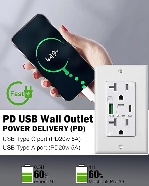 PD USB Outlet with Light,20W Power Delivery USB Receptacle with Night Light, 20A Tamper-Resistant Wall Outlet, Fast Charging Type A & USB-C Charger for Smartphones, Laptops, Tablets (1, White)