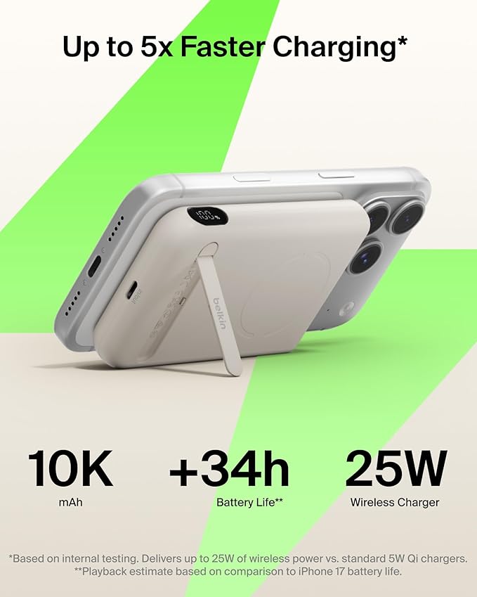 Belkin MagSafe Power Bank 10,000mAh, Qi2.2 25W Portable Charger w/Kickstand, Magnetic Back Supports MagSafe Accessories, Digital Display, Wireless Charging Battery Pack for iPhone 17, Pixel - Sand
