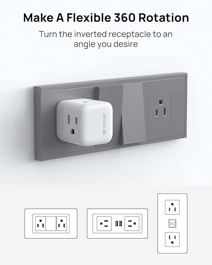 TROND Multi Wall Outlet Extender - Sideways Plug Adapter with 3 Electrical Sockets, 360 Rotating Plug to Turn the Horizontal to Vertical Outlet for Plugging Air Freshener, Cat Calming, Night Light