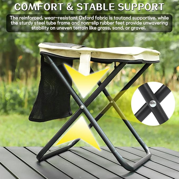 Portable Folding Stools, Heavy Duty Camping Stools with Carry Bag, Polyester, Khaki, 13"x12.2"x10.62", Carbon Steel, 2-Pack, Metal, Square