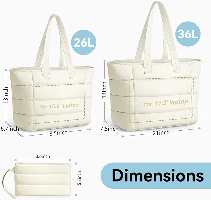Puffer Tote Bag with Pouch,Women's Lightweight Quilted Shoulder Bag,15.6"/17.3" Laptop Travel Weekender for Work & Nurses
