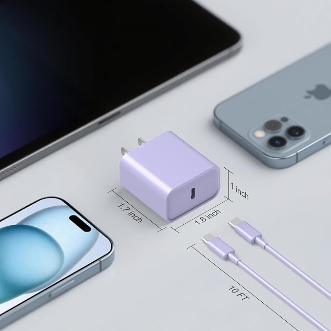 iPhone 17 16 15 Charger Fast Charging, [ETL Certified] 2 Pack 10FT USB C Charger Cable with 20W Type C Fast Charging Block for iPhone 17/17 Pro/17 Pro Max/16/16 Pro/16 Pro max/16 Plus/15（Purple）