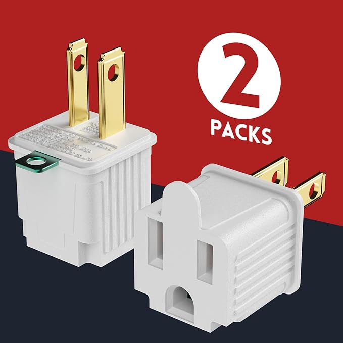 PLUGTUL 2 Prong to 3 Prong Outlet Adapter, Polarized Grounded Outlet Converter, Wall Outlet Plug for Household, Workshops, ETL Listed, 2-Pack, White