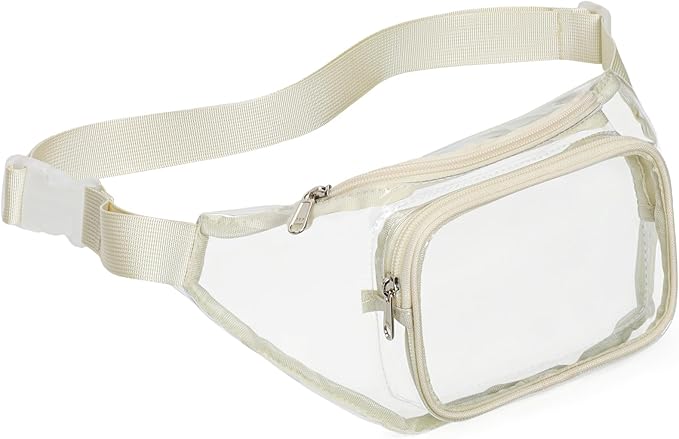 Veckle Clear Fanny Pack Stadium Approved - Adjustable 33-47 Inch Strap, Transparent Belt Bag for Women Men Fits 7.5-inch Smartphone, Waist Bag Clear Bag for Sport Events, Concerts, Cream White