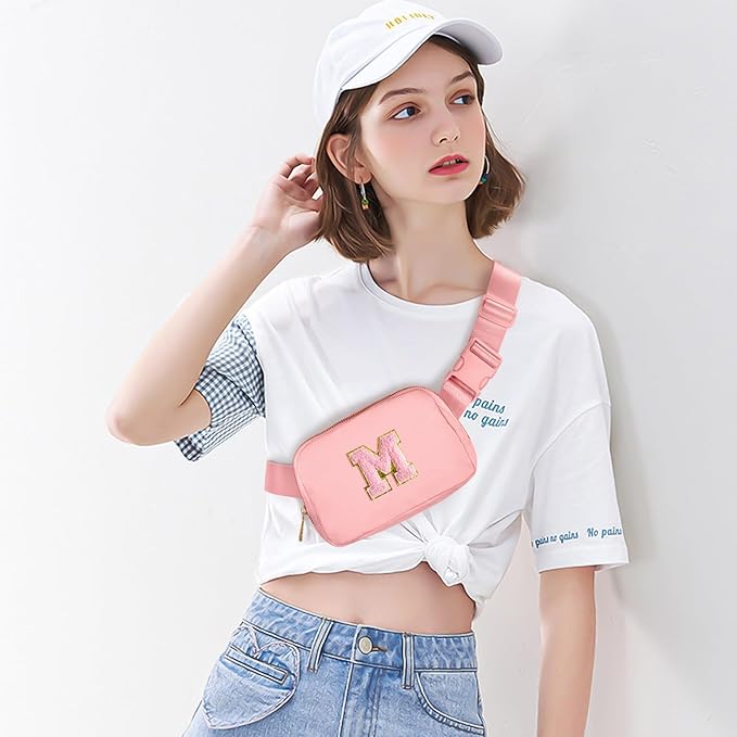 Gitus Belt Bag Fanny Pack Crossbody Bags with Initial Letter Patch Cute Stuff Birthday Gifts for Teenager Girls Trendy Preppy Stuff for Teen Girls Cool Stuff for Teens (Light Pink-M)