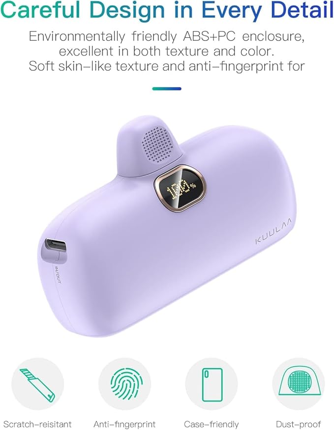 Kuulaa Portable Charger USB C with Built-in USB-C Plug, 5000mAh PD20W Fast Charging Power Bank, LCD Digital Display Battery Pack for iPhone 15/16/17,Samsung S22/S23 & Android (Purple)