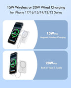 for Magsafe Power Bank, 5000mAh Magnetic Portable Charger with Built-in USB-C Cable, Wireless Battery Pack with 20W PD Fast Charging for iPhone 17/16/15/14/13/12 All Series-White