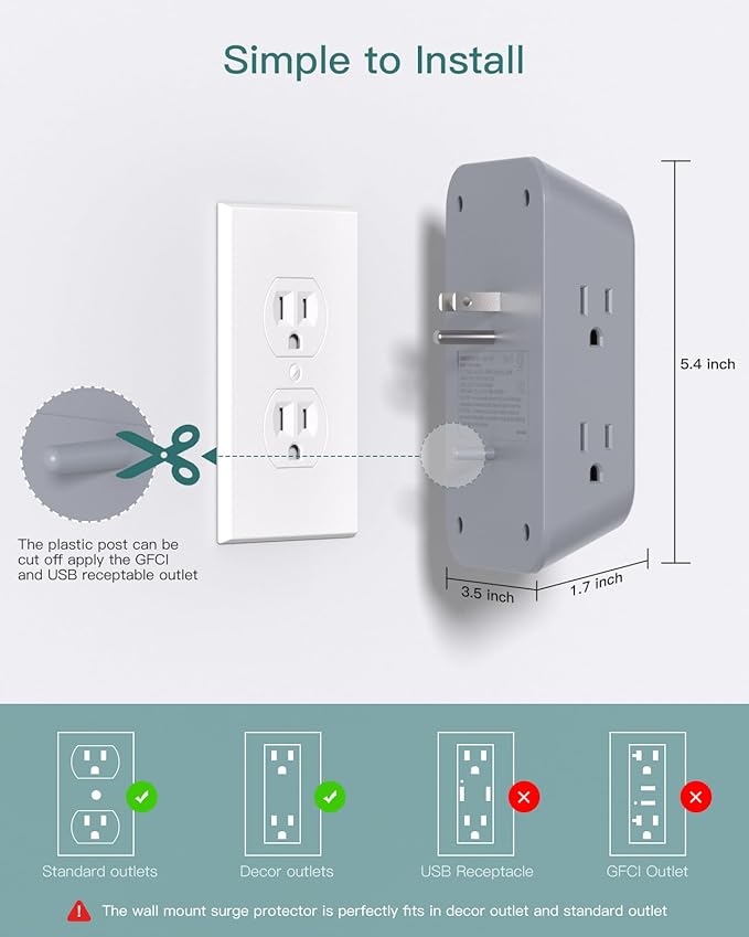 Addtam Surge Protector Outlet Extender, Multi Plug Wall Outlet with 4 USB Ports(PD 20W), 3-Sided 1800J Power Strip Plug Extension Outlet Splitter, Gray