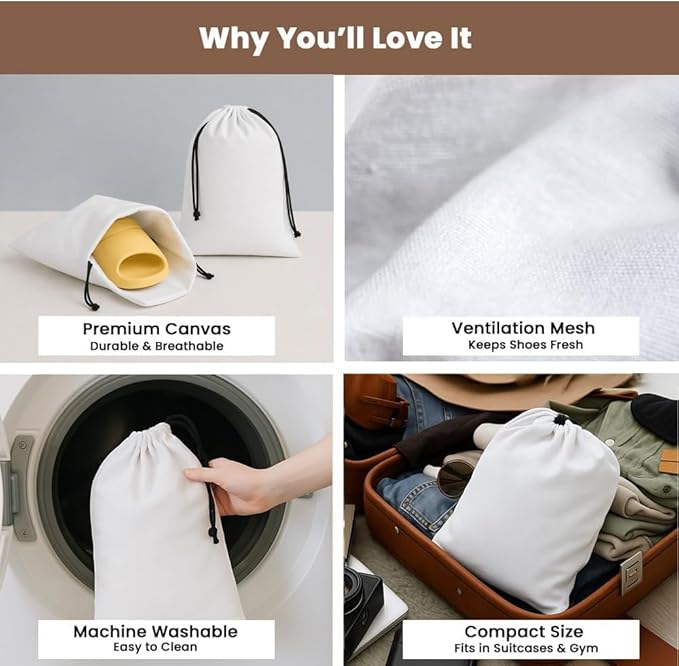 LFH Cotton Rich Shoe Storage Bags with Drawstring, Dustproof Breathable Reusable Organizer, Perfect For Travel, Dorm, Hotel, College, Gym, Easy to Carry, Machine Washable 8"x17" (Pack of 2) - White