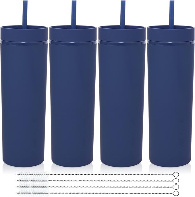 Volhoply 20oz Plastic Skinny Tumblers Bulk 4 Pack,Double Wall Tumbler with Lid and Straw,Reusable Travel Iced Coffee Mug,BPA Free Matte Acrylic Water Cups With Straw for Party,DIY Gifts(Navy, 4 Set)