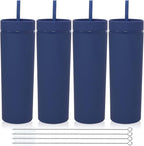 Volhoply 20oz Plastic Skinny Tumblers Bulk 4 Pack,Double Wall Tumbler with Lid and Straw,Reusable Travel Iced Coffee Mug,BPA Free Matte Acrylic Water Cups With Straw for Party,DIY Gifts(Navy, 4 Set)