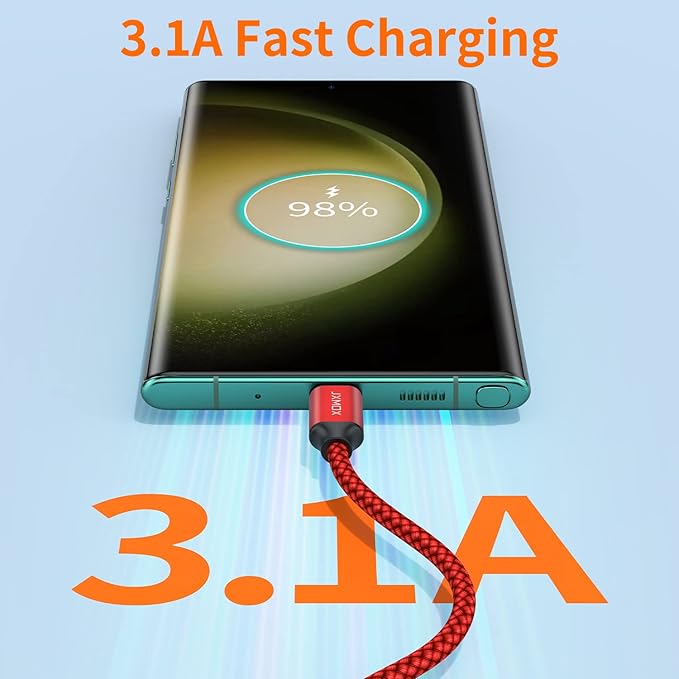 USB Type C Cable,USB A to USB C 3A Fast Charging (3.3ft 2-Pack) Braided Charge Cord Compatible with iPhone 15 16 Pro Max,Samsung Galaxy S20 S10 S9 S8,Note 9 8,A11 A20 A51,LG V30 V35,Moto Z2 Z3 (Red)