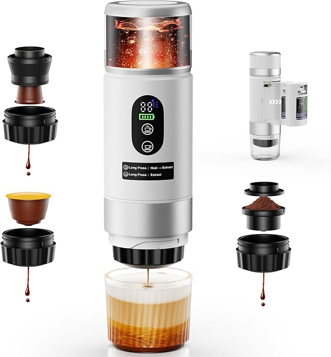 Portable Espresso Maker, Travel Coffee Maker for camping, Portable Espresso Machine with USB-C, 3-in-1 Small Espresso Machine with Ground Coffee & Capsules (NS＆DG) for RV (White (Two Batteries))