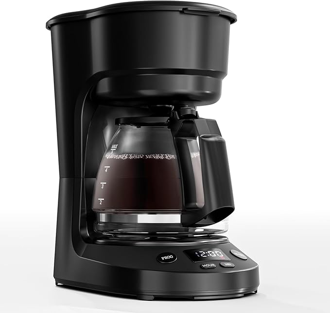WAA 5 Cup Programmable Drip Coffee Maker, Portable Coffee Machine with Glass Pot, Includes Hot Plate and Reusable Filter, Auto Shut-Off and Delay Brew, 25oz Water Tank, Black