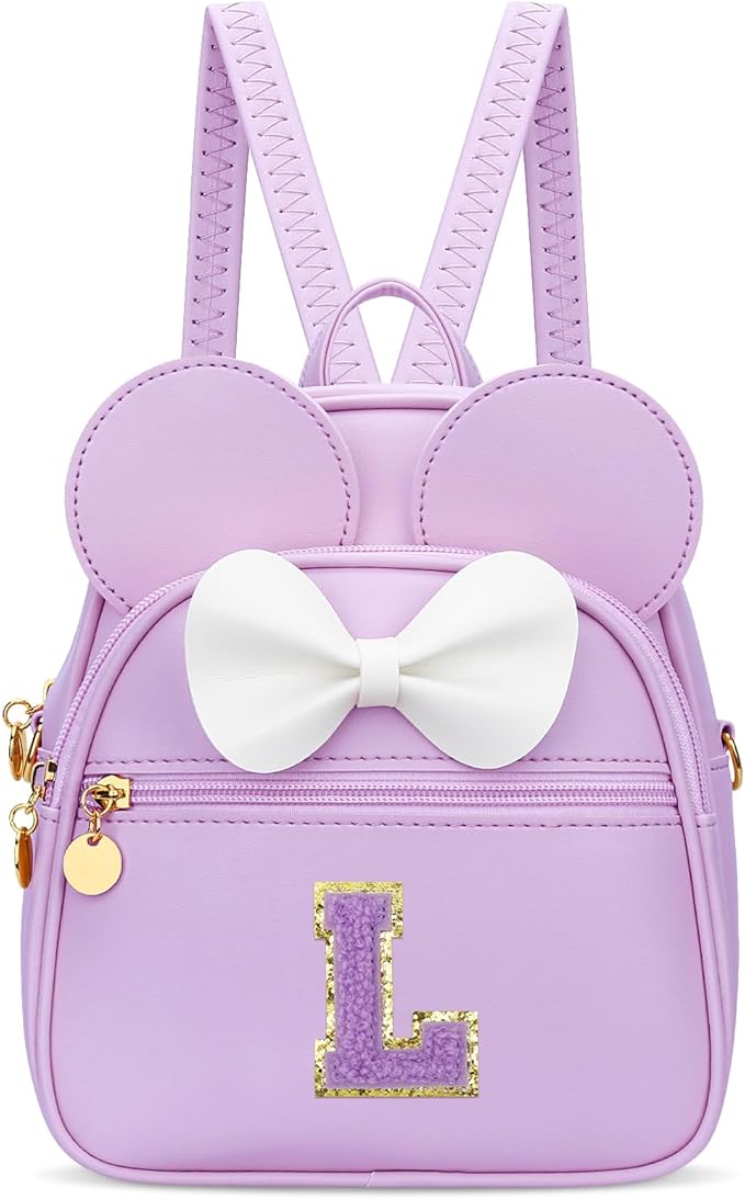 KKXIU Girls Initial Bowknot Cute Mini Backpack for Toddler, Travel Small Girl Backpacks, Personalized Birthday Gifts for Little Girls and Kids(L, Purple)