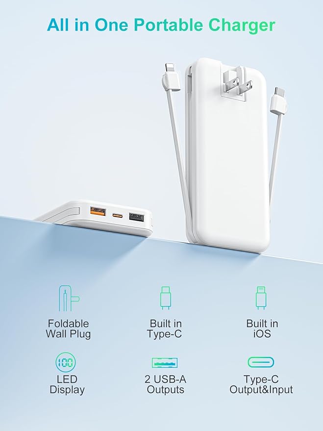 Portable Phone Charger, 10000mAh PD20W Fast Charging Power Bank with Built-in Cables & Wall Plug, External Battery Bank with LED Display, Travel Essential Battery Pack for iPhone, iPad, Samsung White