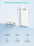Portable Phone Charger, 10000mAh PD20W Fast Charging Power Bank with Built-in Cables & Wall Plug, External Battery Bank with LED Display, Travel Essential Battery Pack for iPhone, iPad, Samsung White
