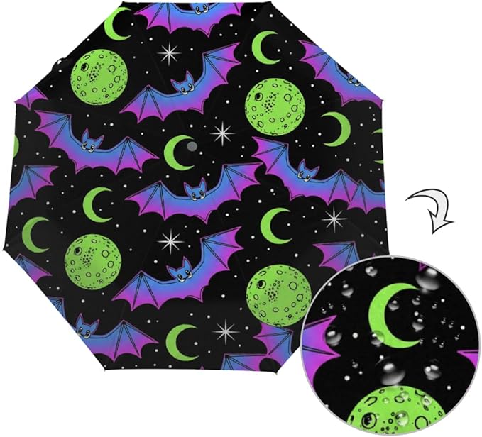 Windproof Compact Umbrellas for Rain - Neon Bat Moon Halloween Portable Lightweight Automatic Reverse Folding Umbrellas - Auto Open Close Cute Small Umbrella for Commute, Car, Backpack, Purse