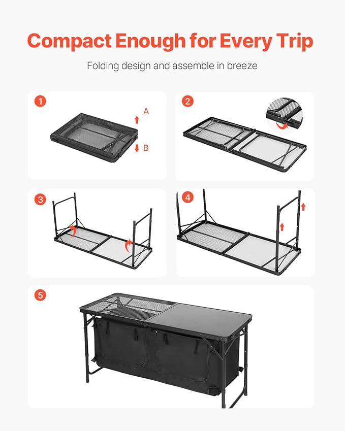 VEVOR Camping Kitchen Table, Folding Outdoor Cooking Table, 3 Adjustable Heights, Aluminum Lightweight Portable Cook Station with Storage Organizer, Carry Handle, for BBQ Party Picnic RV Travel, Black