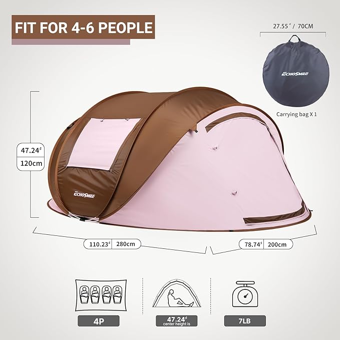 EchoSmile Pop Up Camping Tent, 2/4/6 Person Easy Setup Tent, Water Resistant Dome, Portable with Carry Bag