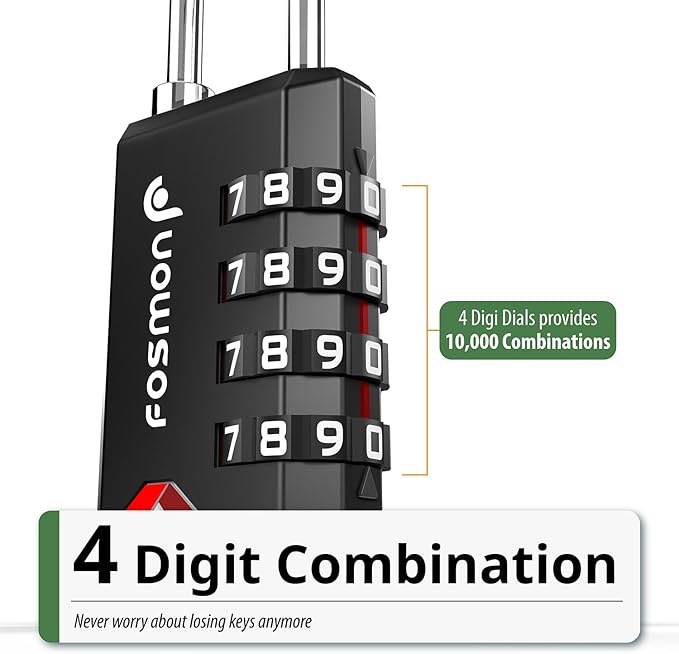 Fosmon TSA Approved Locks for Luggage/Suitcase with Open Alert Indicator (2 Pack), Heavy Duty Gun Safe Lock for Gun Case, 4 Digit Shackle Combination Padlock for Travel, Backpack Zipper, Gym Locker