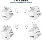 VYLEE Universal International Power Travel Plug Adapter, 5 in 1 European Travel Plug Adapter W/ 3.5A 2xUSB-A and 2xUSB C Wall Charger and Worldwide AC Outlet for Europe USA UK AUS Asia(White)