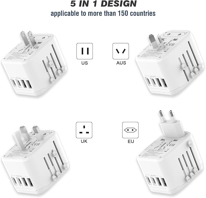 VYLEE Universal International Power Travel Plug Adapter, 5 in 1 European Travel Plug Adapter W/ 3.5A 2xUSB-A and 2xUSB C Wall Charger and Worldwide AC Outlet for Europe USA UK AUS Asia(White)