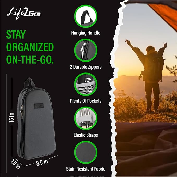 Life2Go 12 Piece Stainless Steel Camping Cooking Utensils Set, Portable Outdoor Kitchen Kit with Chef Knife, Tongs, Spatula, Scissors, Camp Cooking Gear with Carry Case for Hiking, BBQ & Travel, Gray