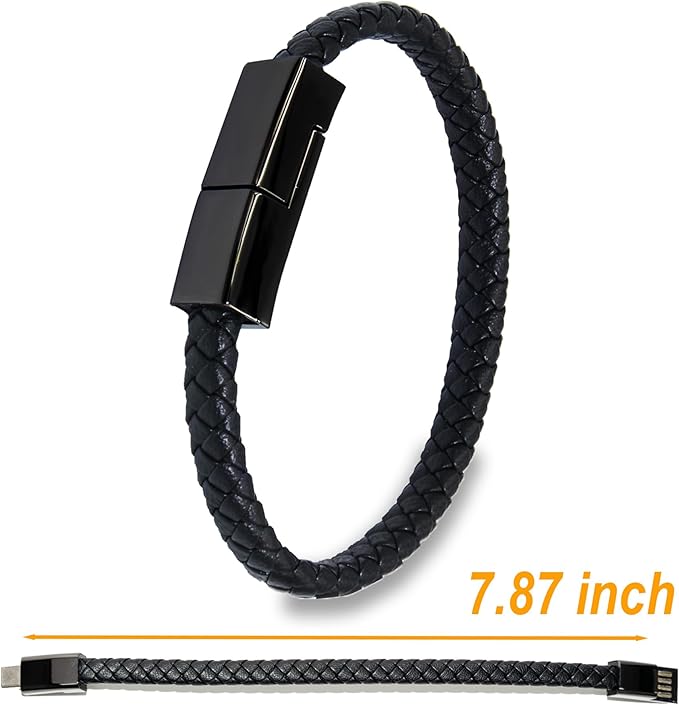 SEANADO Leather Bracelet Charger USB Charging Cable Braided Cords USB Portable Travel Charger for Mens Womens Compatible with iPhone 11 XS MAX Android Samsung (Type-c for Android, S(7'87''))
