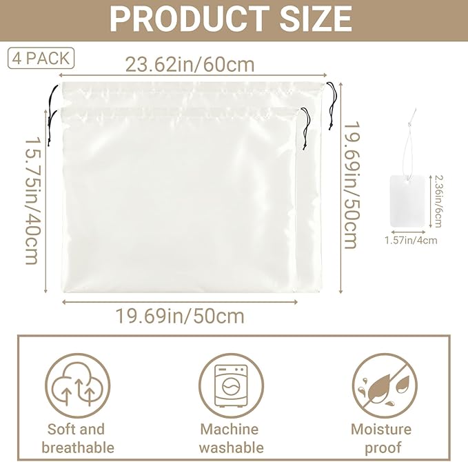 Q&J Fabric Co. 4 Pack Satin Dust Bag 15.7x19.7 inch + 19.7x23.6 inch Beige 100% Polyester Silk Bag Purse Dust Bag Shoe Bags for Closet Purse Protector Bag Dust Covers for Purses