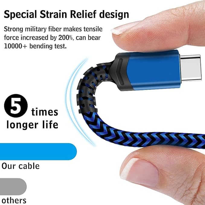 USB Type C Cable 5Pack (3/3/6/6/10FT) Nylon Braided USB C Cable Fast Charger Charging Cord Compatible Samsung Galaxy S9 S8 Note 9 Note 8 Plus,LG V30 G6 G5 V20,Google Pixel, Moto Z2 (Navy&Blue)