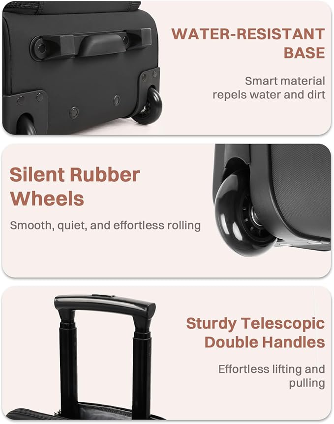 Rolling Puffer Backpack for Women, Travel Backpack with Wheels, 16 Inch Wheeled Laptop Backpck, Dual-Opening Design Overnight College Underseat Carry on Luggage, Roller Business Work Bag, Black