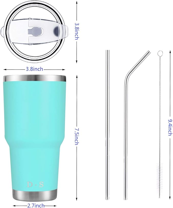 D·S 30oz Mint Tumbler Stainless Steel Double Wall Vacuum Insulated Mug with Straw and Lid, Cleaning Brush for Cold and Hot Beverages
