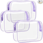 F-color TSA Approved Toiletry Bag 3 Pack Medium - Clear Makeup Bag Travel Quart Size for Women Men, Clear Cosmetic Bag Airport Airline Compliant Carry on Bag, Macaron Purple