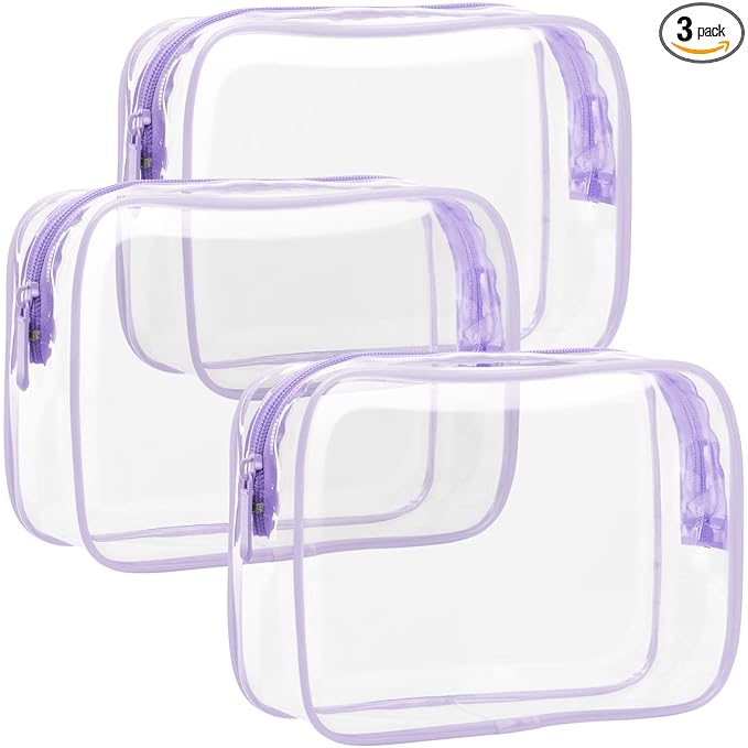 F-color TSA Approved Toiletry Bag 3 Pack Medium - Clear Makeup Bag Travel Quart Size for Women Men, Clear Cosmetic Bag Airport Airline Compliant Carry on Bag, Macaron Purple