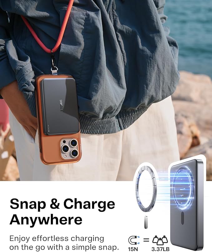 TORRAS MiniMag Power Bank,Ultra-Slim 10,000mAh Magnetic Wireless Portable Charger, 22.5W Fast Charging iPhone Air MagSafe Battery Pack Designed for iPhone 17 Pro Max/17 Pro/Air/16/15/14/13/12, Gray