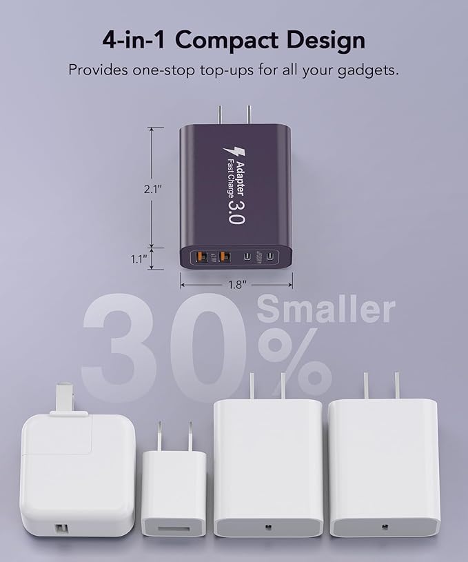 [2-Pack] 40W USB C Charger Block, 4-Port Type C Fast Charging Brick Dual PD&QC Wall Plug Adapter Power Brick for iPhone 13/14/15/16/17 Pro Max Plus/iPad/Airpods/iwatch/Samsung Galaxy (Purple)