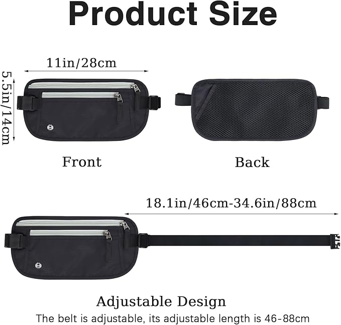 FuninCrea Waterproof Hidden Money Belt for Travel, Anti-Theft Belt Bag with RFID Blocking Function Adjustable Slim Waist Bag with 2 Zipper Pockets & 1 Back Pocket for Travel Running (B, Black & Grey)