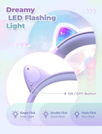 iClever Kids Headphones with Cat Ear Led Light Up, Safe Volume Limite Wired Headphones with FunShare Foldable Over-Ear Headphones for Kids/School/iPad/Tablet/Travel, Meow Donut-Purple