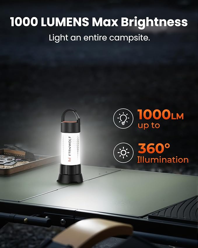 ETENWOLF 2-in-1 Lantern and Flashlight,6 Modes 1000LM Rechargeable Camping Light,5000mAh Super Bright Flashlight with UV,Waterproof Portable Tent Light for Camping,Emergency Light,Power Outage