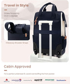 Rolling Puffer Backpack for Women, Travel Backpack with Wheels, 16 Inch Wheeled Laptop Backpck, Dual-Opening Design Overnight College Underseat Carry on Luggage, Roller Business Work Bag, Navy Blue