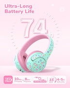 iClever BTH27 Toddler Headphones for 2+ Year Old-CPC Certified, 75/80dBA Safe Volume Limited, 74H Playtime, Bluetooth 5.4, BPA Free, Kids Bluetooth Headphones Aux Cord for Travel iPad, Green/Pink