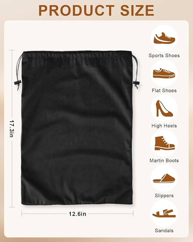 FantasyLife Shoe Bags for Travel, Washable Dust Bags for Storage & Packing, Flannel Shoe Pouch with Drawstring Closure for Purses, Handbags, Shoes & Toys (2, Black Beauty, 17.3"x12.6")