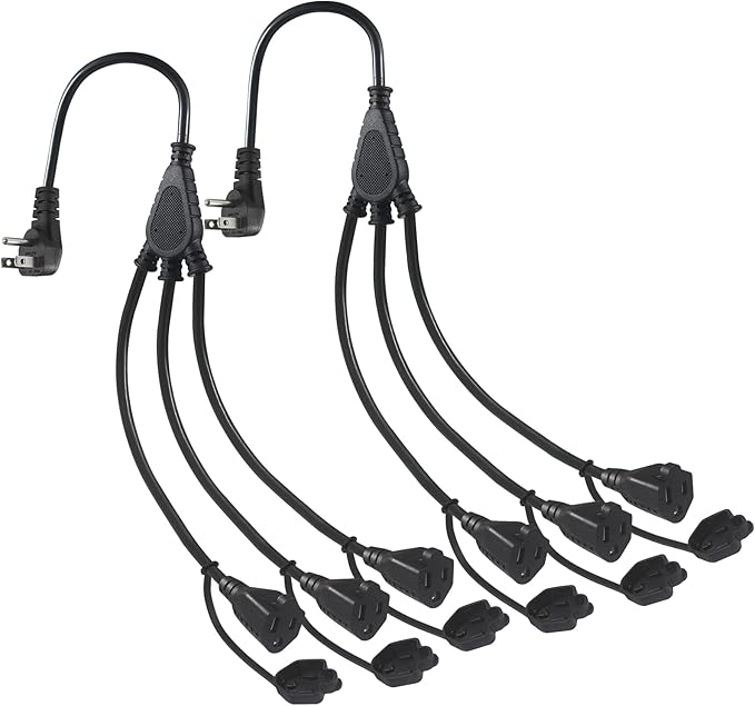 Outdoor 3-Outlet Power Splitter, 90-Degree Flat Plug 1 to 3 Way Outlet Adapter 1.5FT SJTW 16AWG 3-Prong Power Cord Extension Strip with Outlet Cover for Holiday Decoration String Light(2-Pack)