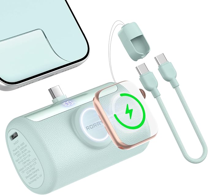 RORRY PalmGo Portable Charger, 10000mAh PD 22.5W Fast Charging Mini Power Bank with Built-in USB C Connector, 3-in-1 Battery Pack for iPhone 17/16/15 Pro/Max, Apple Watch Ultra/11/10/SE, iPad, Green