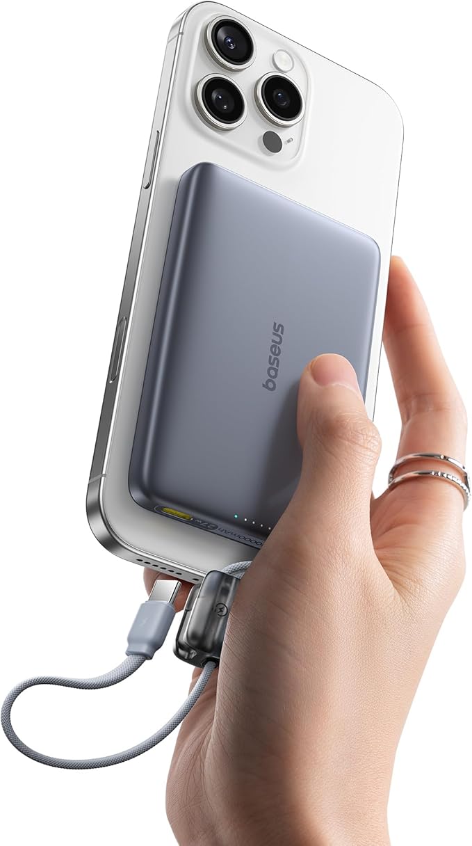 Baseus Picogo Qi2 15W Magsafe Portable Charger, 0.5" Ultra Slim 10000mAh Wireless Power Bank with 27W Built-in USB-C Cable, Magnetic Battery Pack for iPhone 17 Pro Max/17 Pro/Air/16/15/14/13/12