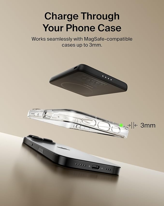Belkin MagSafe Power Bank 5,000mAh, Ultra-Slim Portable Charger Magnetic Back Supports MagSafe Accessories On-The-Go, Wireless Battery Pack w/USB C Cable for iPhone 17, Pixel 10, Travel - Black